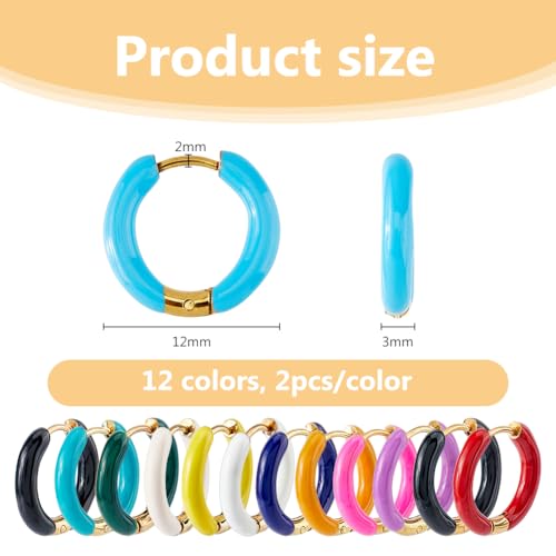 DICOSMETIC 24Pcs 12 Colors Colorful Enamel Hoop Earrings Golden Huggie Hoop Earrings 12mm Small Cute Statement Earrings Stainless Steel Earrings Set Fashion Jewelry for Women2