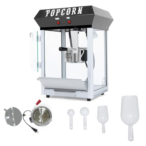 Image of 6 Oz Commercial Popcorn Machine, Kettle, 600 W, Movie Theater Popcorn Machine, Black Tabletop Pop Corn Machine with Stainless-Steel Kettle & Steel Frame Tempered Glass Doors