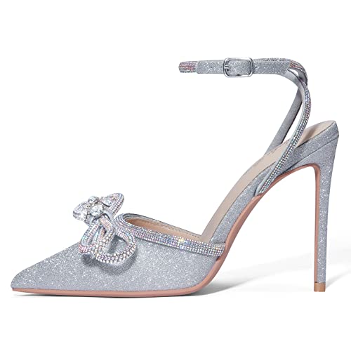 Elisabet Tang Women's High Heel Pumps,Satin Rhinestone Bowknot Lace Up Sandals Pointed Toe Ankle Buckle Straps Pump Stiletto Sandals2