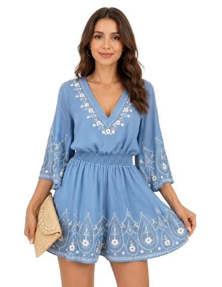 Women's Light Blue Polyester Jumpsuit | V-Neck 3/4 Sleeve Printed Fit & Flare Playsuit-image-1