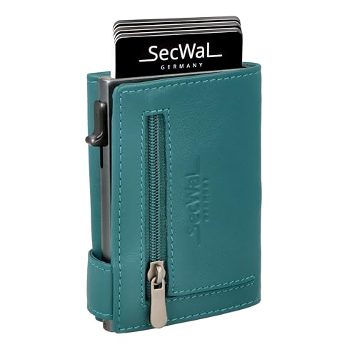 SecWal Kartenetui mit Münzfach Reißverschluss - Made in Germany - Echtleder Geldbörse inkl. E-Book für Damen und Herren - RFID Schutz Portemonnaie Leder - Geldbeutel klein (Türkis)