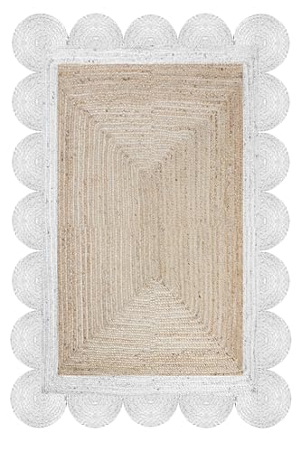 CASAVANI Braided Scalloped Edge Rug, Natural Jute Fiber Area Rug,