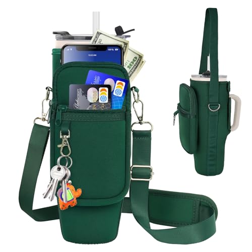 Bolsa de transporte para botella de agua con bolsillo para teléfono compatible con Stanley/Meoky vaso de 40 onzas con asa, bolsa para botella de agua con correa ajustable compatible con accesorios