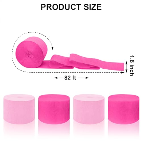Image of 4 Crepe Paper Streamers Rolls, 328ft Pack of Hot Pink and Pink Crepe Paper for Birthday Bachelorette Engagement Wedding Bridal Shower Party Supplies (1.8 inch x 82 ft /Roll)