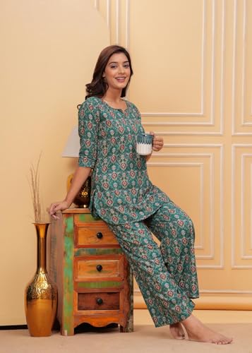 Image of Women Cotton Relaxed Fit Fit and Flare Suit | Printed Night Suit | Half Sleeve Co-Ord Set
