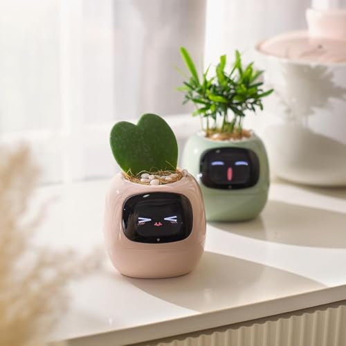 Image of PLANTSIO Intelligent Plant Robot with Emojis for Plant Care, Charming Plant Companion with Comprehensive Gesture Interaction, Garden Pot Gift for the Desk (Pink)