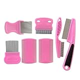 Flea Comb 7 Pieces Set for Cats and Dogs to Kill Fleas and Eggs, Kitten Comb Stainless Steel Lice and Tick Combs for Cats (Pink Colour) (Flea Comb)