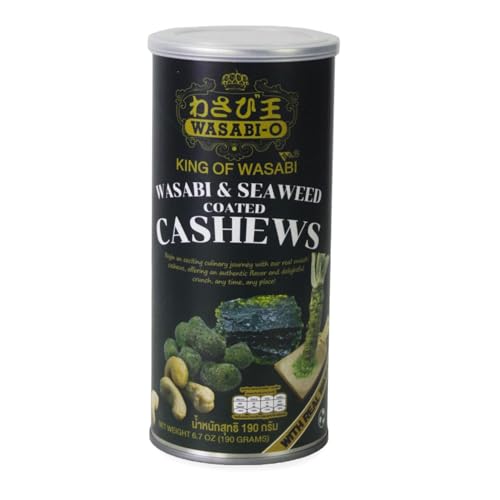 WASABI-O Anacardos recubiertos de algas marinas y asabi real, 6.7 onzas, exquisito crujiente, bocadillo gourmet de anacardo de cuerpo completo