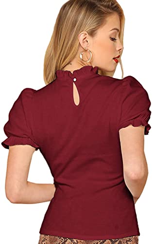 Image of Shasmi Women's & Girl's Polyester Pleated High Neck Short Puff Sleeve Ruched Bust Solid Regular Fit Top