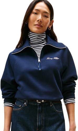 Tommy Hilfiger Sudadera con Cremallera Mujer Classic Script Fleece Media Cremallera, Azul (Dark Night Navy), M