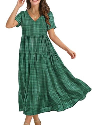 Image of YESNO Women's Summer Maxi Dresses Casual Floral Short Sleeve V Neck Boho Beach Vacation Swing Dress with Pockets EVF