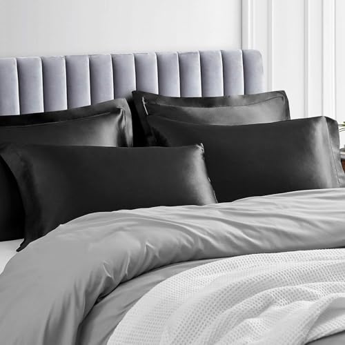Image of Satin Pillow Covers Set of 2 - Soft & Smooth Pillowcases for Hair & Skin Care | Envelope Closure | Includes 3 Free Random Color Scrunchies | Frizz-Free Sleep Essentials (Black)