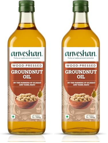 Image of Anveshan Wood Pressed Groundnut Peanuts Oil 1 Litre | Plastic Bottle | Kolhu /Kacchi Ghani /Chekku /Ganuga | Peanut Oil | Natural | Chemical-Free | Cold Pressed Groundnut Oil for Cooking (Pack of 2)