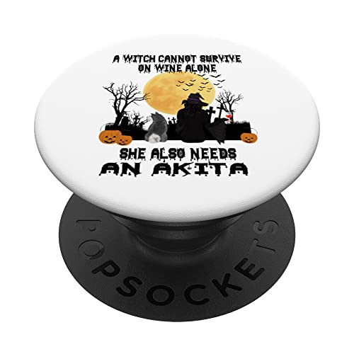 Witch Wine And Akita Dog Mom Funny Halloween Costume PopSockets PopGrip Intercambiable