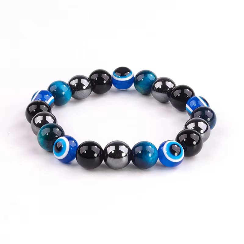 Image of Evil Eye Bracelet for Men Women - Triple Protection Bracelet - Tiger Eye and Black Obsidian Chakra Energy Healing Bracelet - 8mm Beads Good Luck Prosperity and Happiness Crystal Jewelry Stone