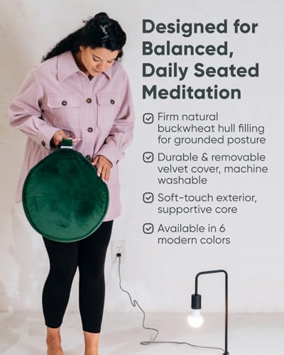 Mindful Modern Velvet Meditation Cushion | Luxe Zafu Yoga Floor Pillow Seat | Posture Support | Buckwheat Hull Filled | Large Round Cushion with Removable Washable Cover + Carry Handle - Image 5
