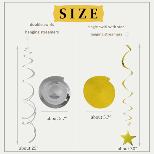 Image of 40Pcs Hanging Stars Swirls Party Decorations Plastic Star Spirals Streamers Foil Ceiling Decor for Birthday All Kinds of Parties Classroom Home (Gold, Black, Silver)