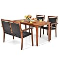 Tangkula 4 Pieces Patio Dining Set for 4, Patiojoy Space-Saving Outdoor Acacia Wood Dining Table and PE Rattan Chairs Set with 1.9” Umbrella Hole, for Garden, Backyard, Deck, Poolside, Balcony