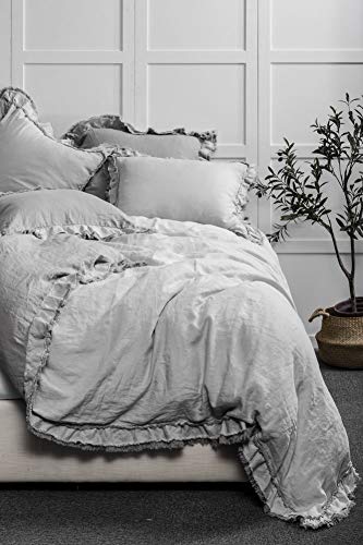 meadow park Washed French Linen 3 Pieces Duvet Cover Set, Reversible, King Size, Super Soft, Ruffle Style, Grey Color - Thumbnail 2