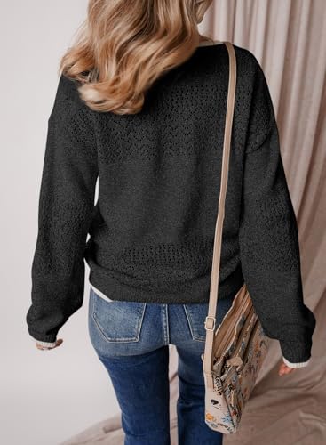 Image of SHEWIN Women's Sweaters Casual Long Sleeve V Neck Crewneck Lightweight Crochet Pullover Sweater Tops
