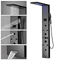 BATHLAVISH Black Shower Panel LED Light Temperature Display 304 Stainless Steel Bathroom Shower Towels System with Rainfall Shower Head Handheld Massage Body Jets Wall Mount Waterfall BathTub