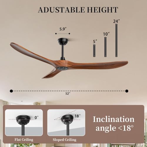 Image of Obabala 52 Inch Ceiling Fan No Light, Wood Indoor Outdoor Ceiling Fans Without Lights, Modern Propeller Exterior 3 Blade Wooden Fan for Patios Bedroom Living Room Porch(Walnut)