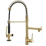 Brushed Gold Kitchen Faucet with Pull Down Sprayer,Commercial Brass Kitchen Faucet Single Handle Spr