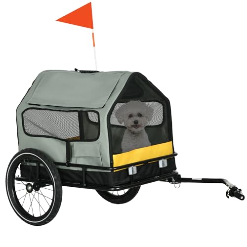Remolque para perros PawHut 3 en 1 con caseta para perros, remolque para bicicletas y remolque para perros pequeños, bandera y reflectores, gris