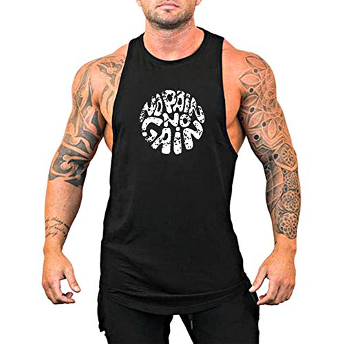 GYMLEADER Men's Gym Workout Stringer Tank Tops NO Pain NO GAIN Vest Bodybuilding Fitness Muscle Shirts-XXL Black