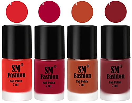 Image of Nail Polish Combo Set (Pack of 4) Quick Dry Gel Finish Nail Paint | Candy Orange,Dark Magenta,Light Coral,Plum | 7 ml Each