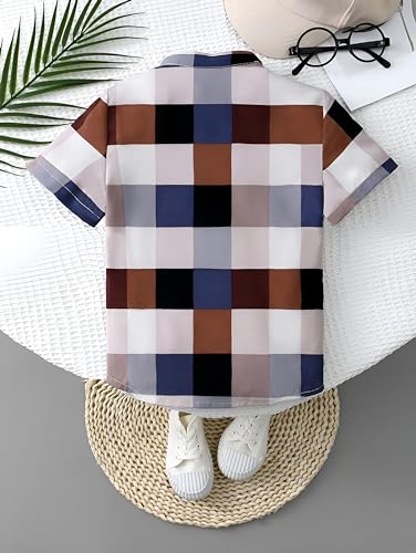 Image of Boys Short Sleeve Button Down Shirts, Plaid and Striped Pattern, Cotton Casual Tops, Pack of 2