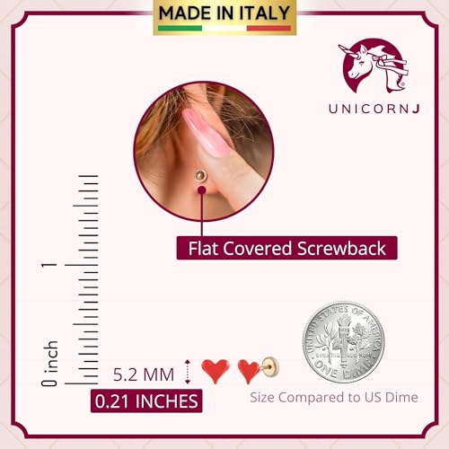 UNICORNJ 14k Yellow Gold Stud Earrings Small Heart with Color Enamel for Girls or Women Screwback2