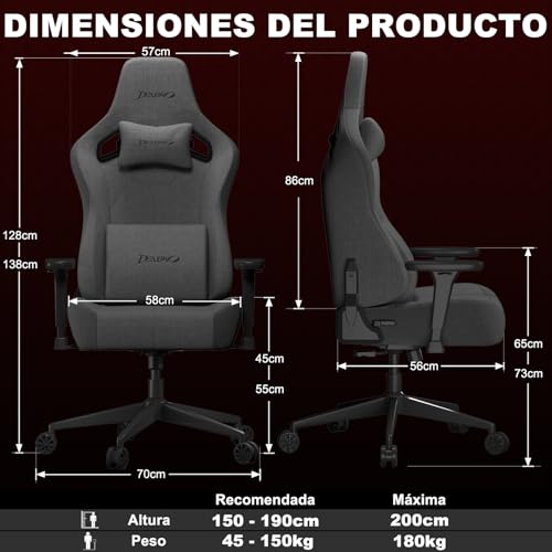Devoko Silla Gaming Ergonómica de Tela Transpirable para Escritorio, Reposabrazos 3D Ajustables, Respaldo Reclinado 90–135°, Soporte Lumbar y Cervical Ajustable, Gris Carbón - imagen 2