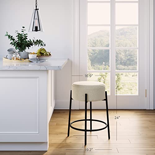 Nathan James Isaac 24" Modern Backless Bar Stool With Round Soft Padded Boucle Seat And Metal Mid-Century Base, Boucle White/Black #TOP5