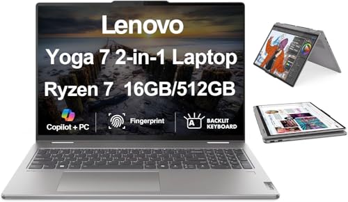 Image of Lenovo Yoga 7 Copilot + 2-in-1 Laptop 16.0" Touchscreen IPS WUXGA Display (AMD Ryzen 7 8840HS, 16GB LPDDR5X, 512GB M.2 PCIe SSD, Fingerprint, Webcam, Backlit KB, WiFi 6E, Bluetooth 5.3, Win 11 Pro)