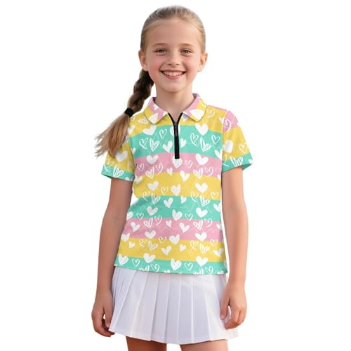 Polo de tennis été pour fille 5-6 ans en maille douce à motif cœur rayé