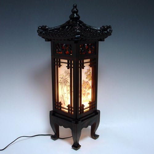 Antique Alive Carved Wood Lamp Handmade Traditional Korean Dragon Roof and Window Design Art Deco Lantern Brown Asian Oriental Bedside Bedroom Accent Unusual Table Light