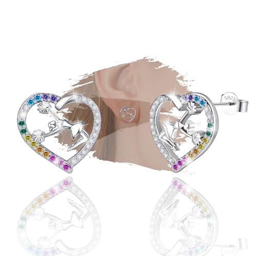 Cheerleader Earrings for Teens - Sterling Silver Colorful Cubic Zirconia Heart Cheerleading Earring for Women Hypoallergenic Lightweight Rainbow Sport Cheer Stud Dainty Gift for Daughter Granddaughter