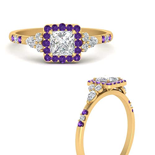 Image of Choose Your Color 14k Yellow Gold Plated Princess Shape Petite Engagement Rings Halo Edwardian Engagement Ring Everyday Wedding Jewelry Handmade Gifts for Wife : US Size 4 to 12
