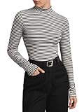Floerns Women's Mock Turtleneck Long Sleeve Slim Fit Stretch Striped T-Shirts Tunic Tops Fall Fashion Trendy Outfits Clothes Black F Medium