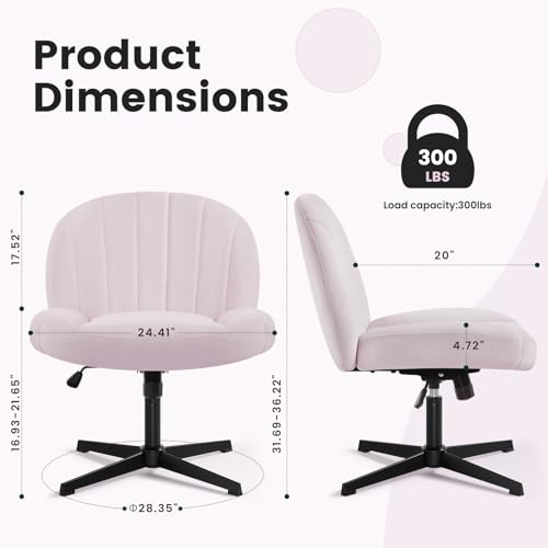 Armless Office Desk Chair No Wheels,Ergonomic Criss Cross Legged Computer Chair with Fabric Padded, Height Adjustable Wide Seat Vanity Chair,Mid Back Task Chair for Home, Bedroom (Pink)