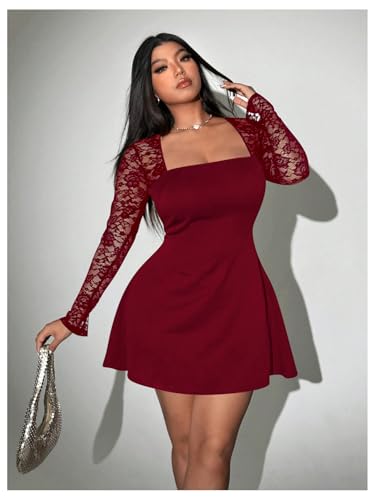 Image of Floerns Women's Plus Size Contrast Lace Sheer Long Sleeve A Line Dress Square Neck Mini Dresses