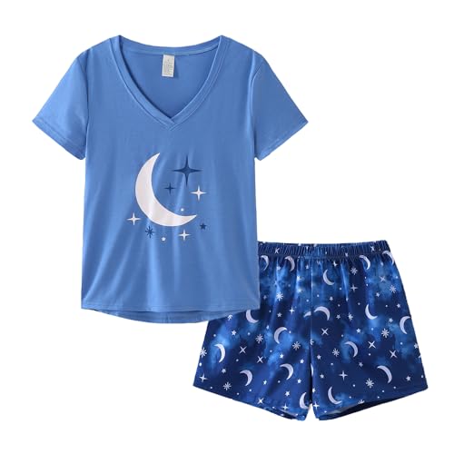Image of YIJIU Women Short Sleeve Tee and Shorts Pajama Set Cute Alpaca Print Sleepwear