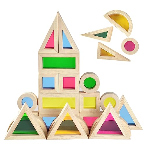 Wooden Building Blocks Set for Kids, 24Pcs Acrylic Rainbow Wooden...