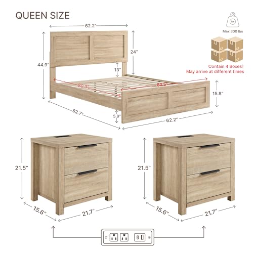 image for KISLOT 3 Pieces Bedroom Set, Queen Size Wood Platform Bed Frame and 2 