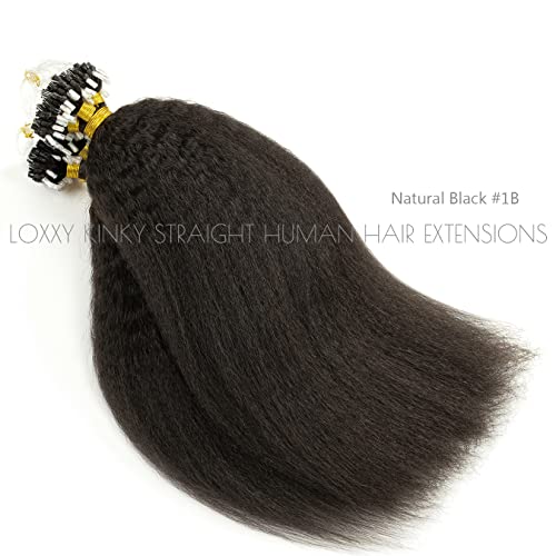 Loxxy 12Inch Kinky Straight Micro Loop Human Hair Extensions Natural Black Color For Short Hair Micro Links Hair Extensions Microbead Black Women Silky Weft Thick End Hair 40G 50Strands #TOP3