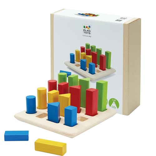 Image of PlanToys Geometric Peg Board Wooden Shape Sorting & Stacking Toy for Kids Ages 2+ | Montessori STEM Toy for Fine Motor Skills, Color Learning & Coordination | Eco-Friendly Educational Activity