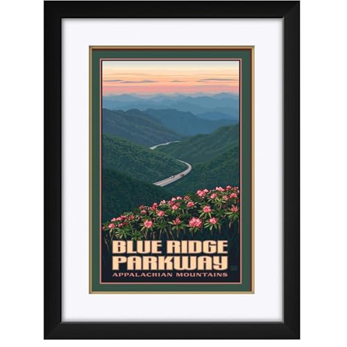 Art of Place Blue Ridge Parkway Giclee Print - Appalachian Mountains Travel Poster by Paul Leighton - Nature Landscape Deco for Living Room, Office, Bedroom - Framed & Matted Art Print Size: 24" x 30"