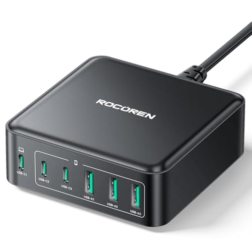 Rocoren Chargeur Multiple USB C 160W, Station de Charge GAN à 6 Ports,PD65W QC4.0 PPS pour MacBook Pro/Air, iPad, iPhone 16/15/14, Samsung,Acer,Lenovo