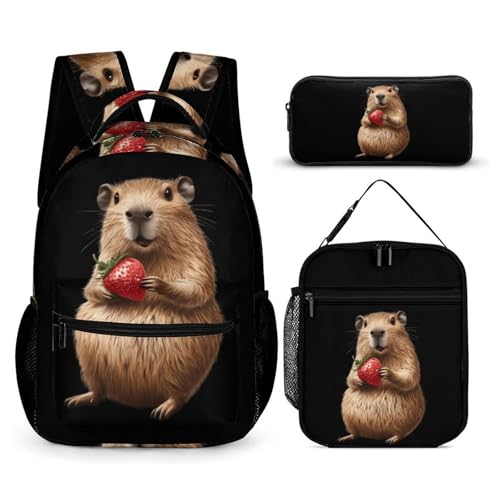 Strawberry Capybara 3 PCS Backpack Set Casual Daypack with Insulated Lunch Bag & Pencil Case